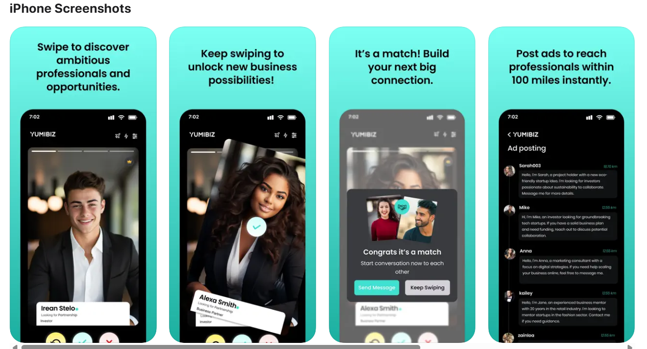 Yumibiz app screens